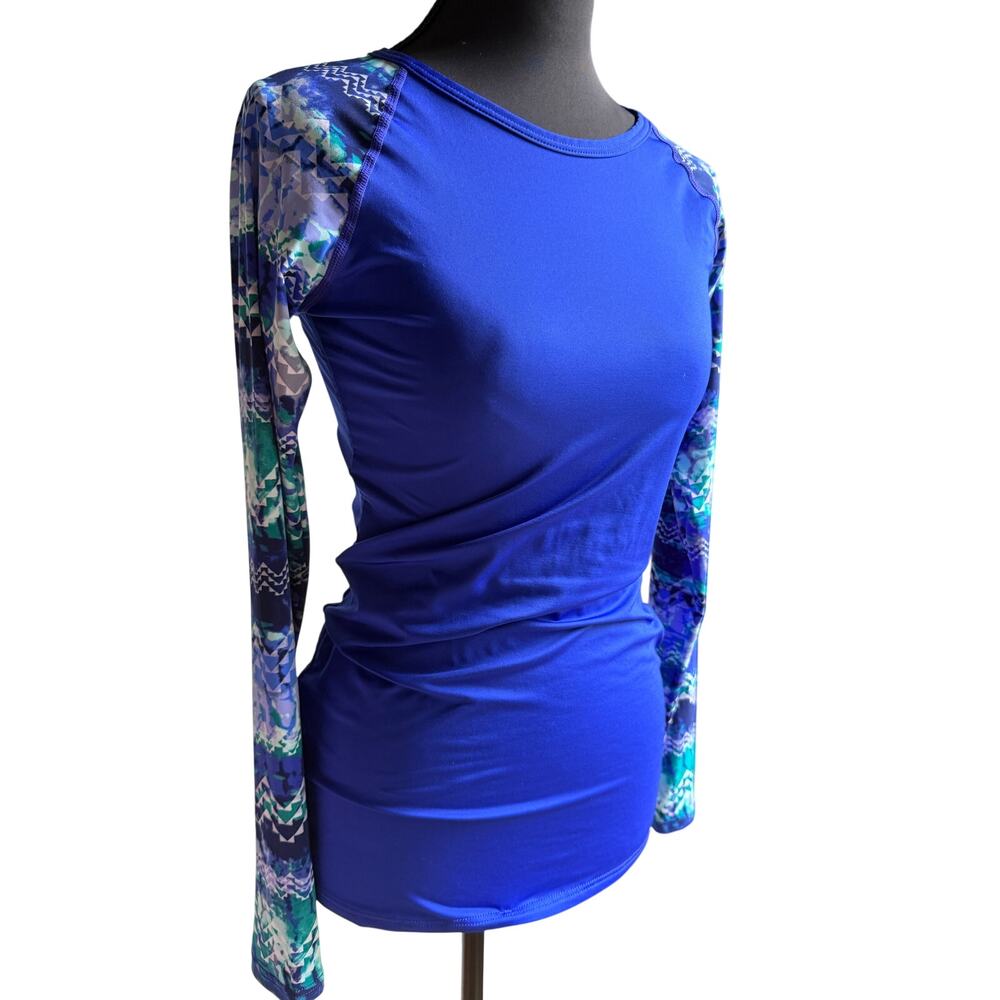 TYR Long Sleeve Rash Guard Swim Top Blue Geometric Print | UPF Sun | Est. Small